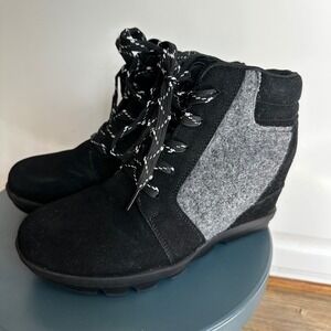 Athlefit Wedge Heel Ankle Boots Black Sueded & Felt Lace Up Casual Women's